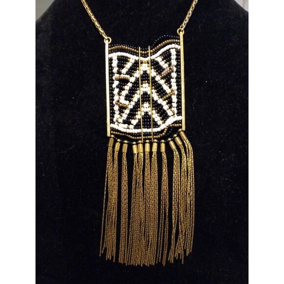 Lucky Brand Necklace Long Beaded Fringe Chest Plate Gold Black White Boho - Picture 2 of 8